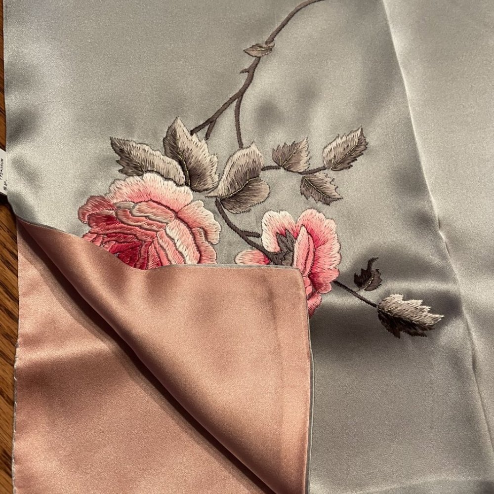 Silk Embroidered Chinese Scarf, Qichen "Back to Silk", 70 x14" Size